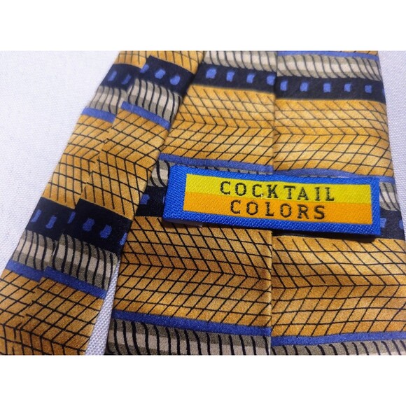 Cocktail Colors Mens Silk Tie Gold Blue Geometric Pattern 100% Silk - Minor Flaw - Picture 3 of 6